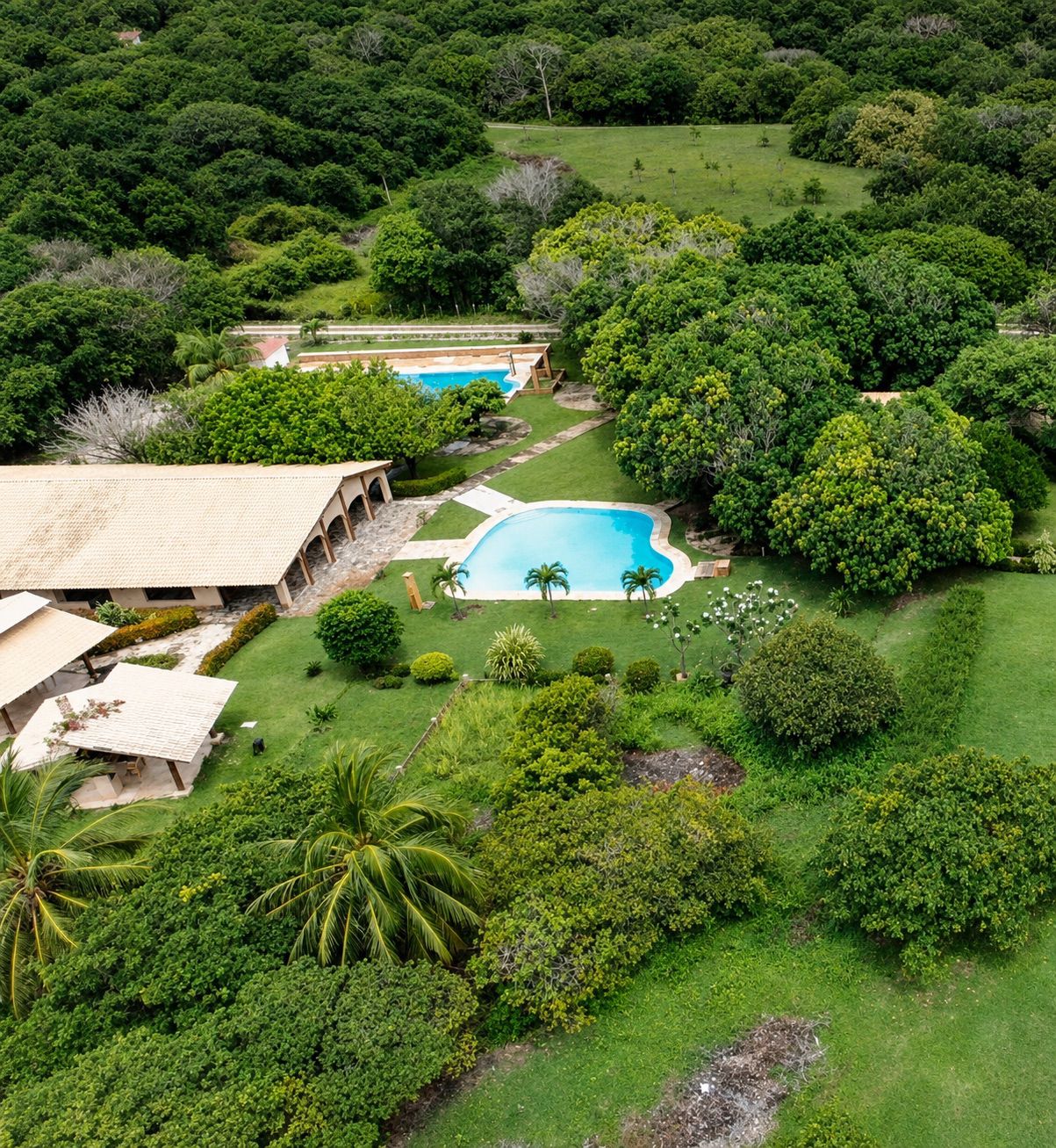 Vista aérea da propriedade com duas piscinas entre a mata nativa