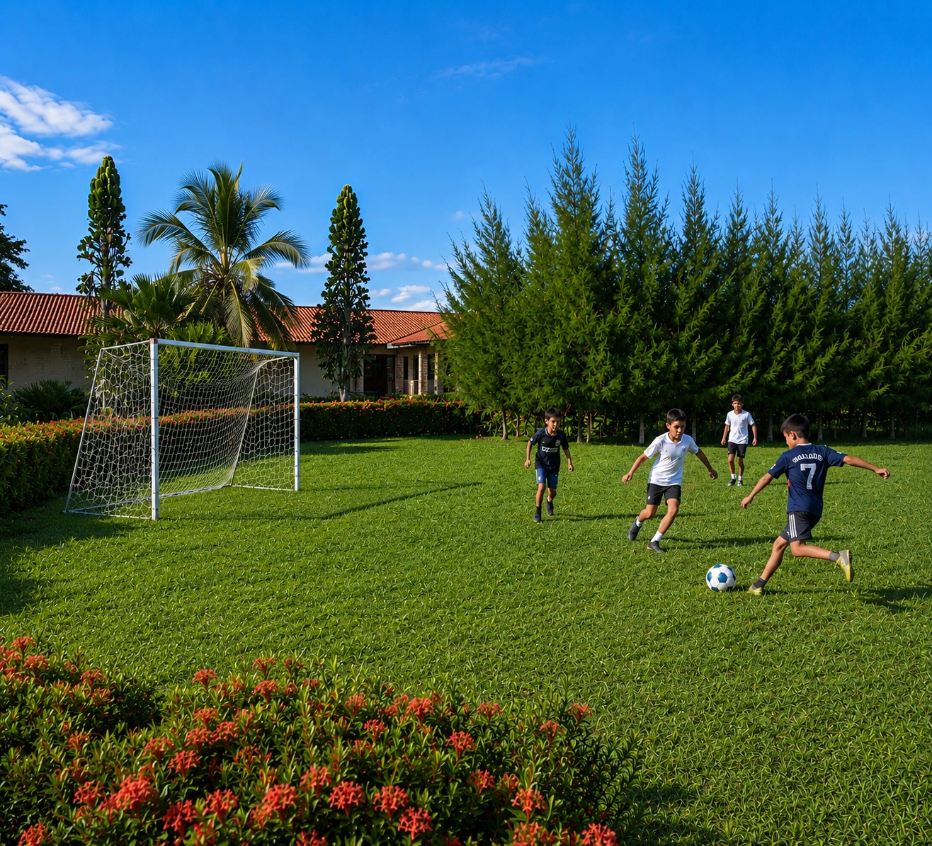 Crianças jogando futebol no gramado do Beach Farm
