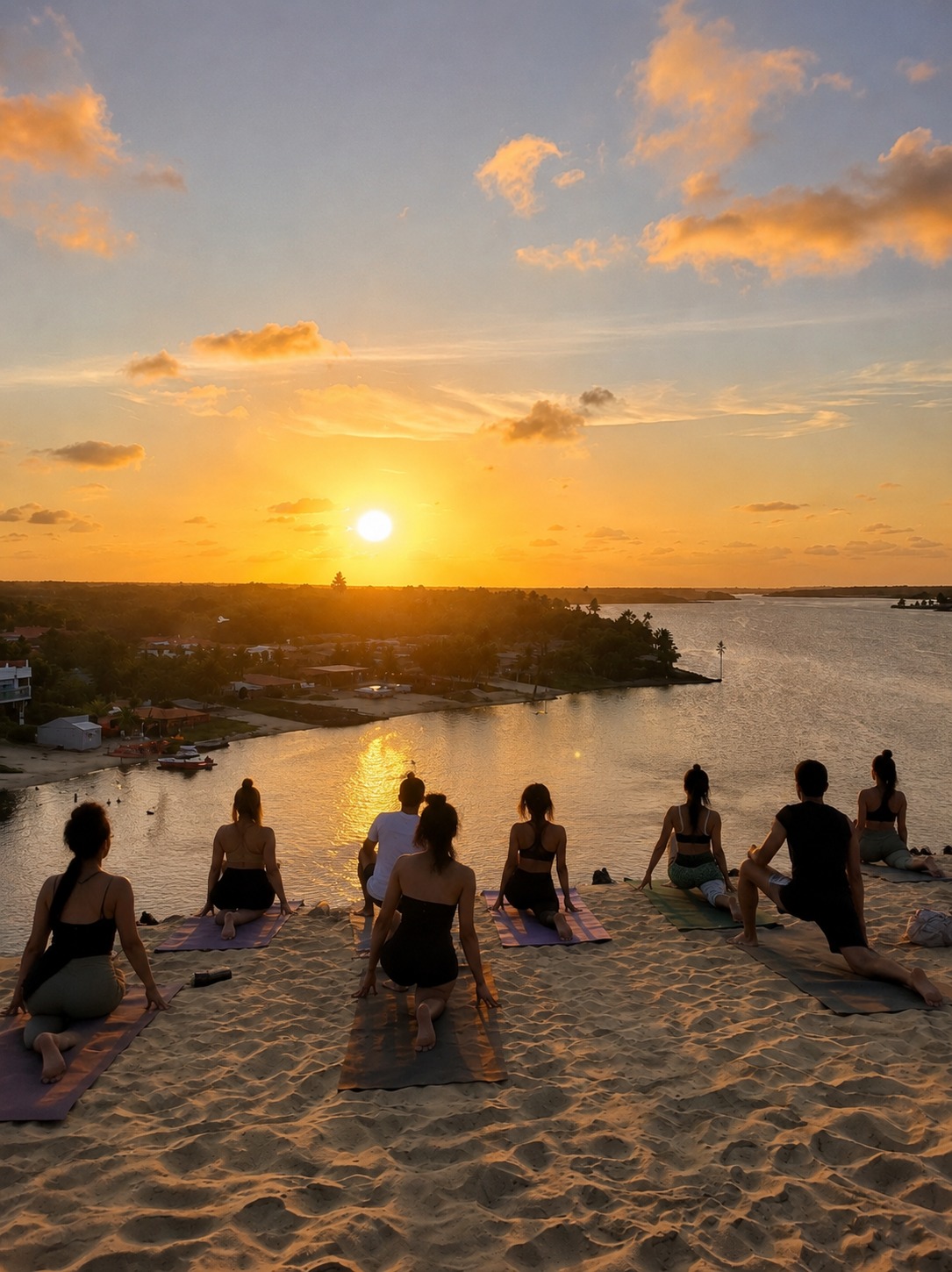 Grupo praticando yoga nas dunas ao pôr do sol