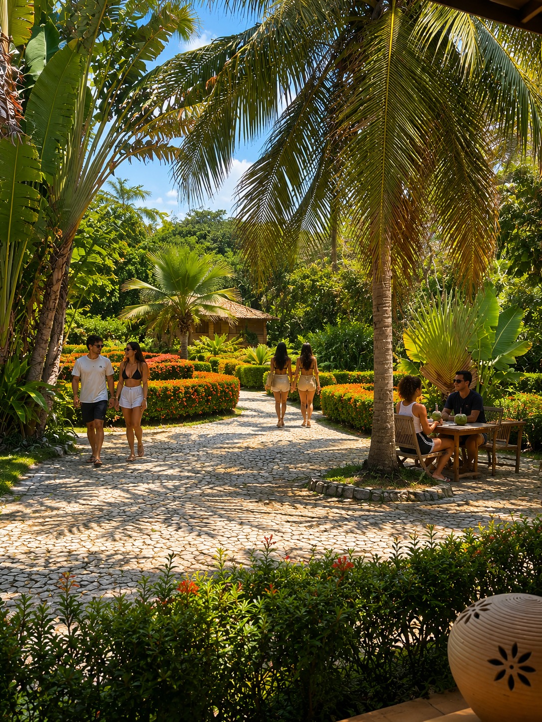 Hóspedes caminhando pelos jardins tropicais do Beach Farm