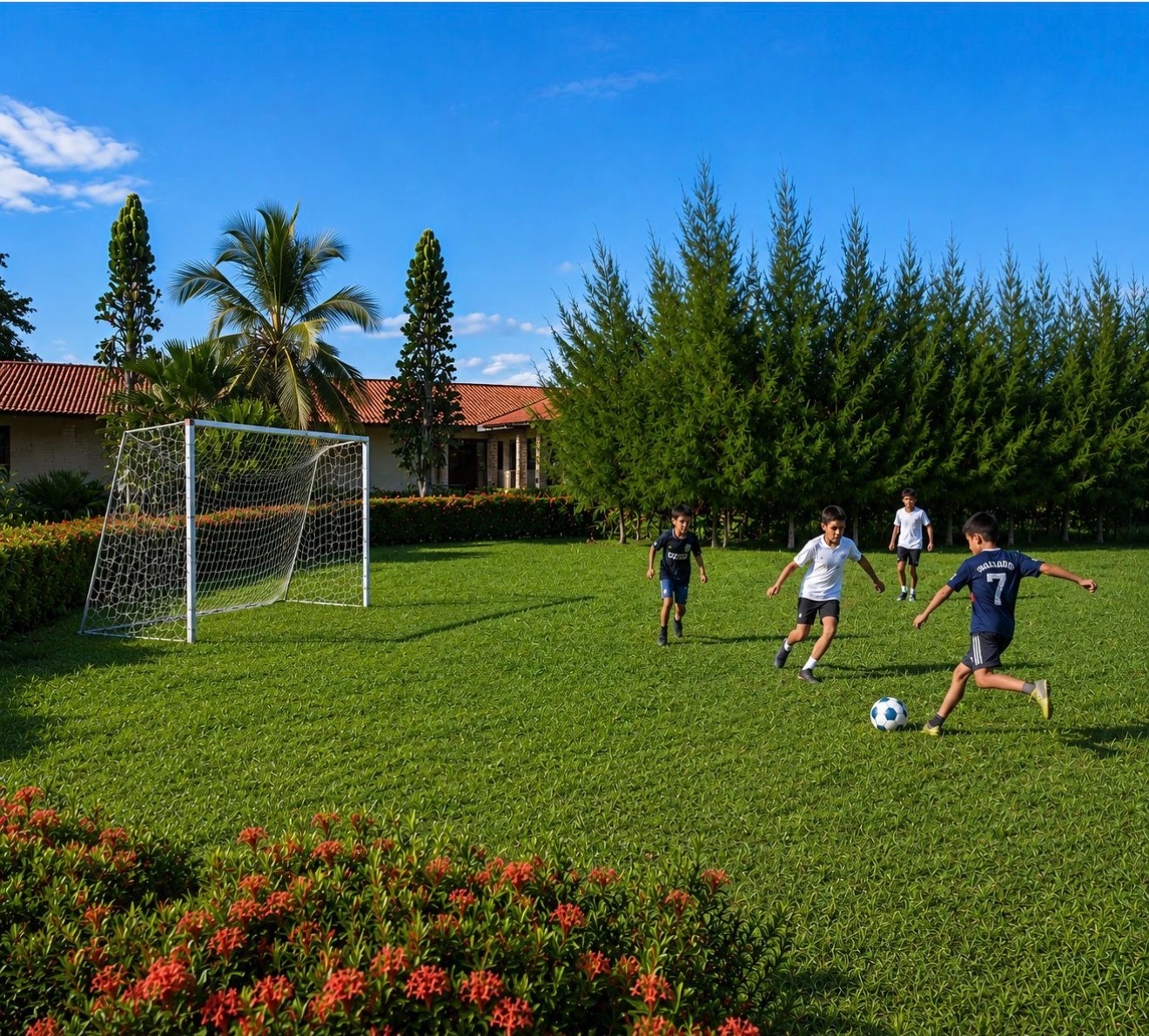 Campo de futebol gramado entre jardins e coqueiros da propriedade