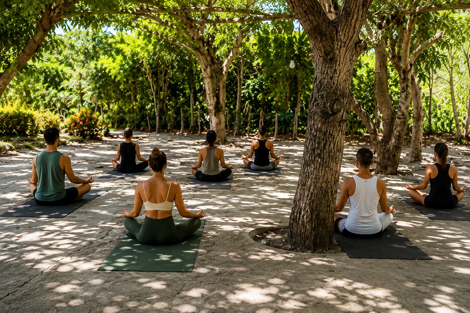 Prática de yoga ao ar livre sob as árvores